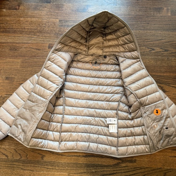 SAVE THE DUCK Alexis Shore Beige Hooded Puffer Jacket Sz 2/M 100% animal free - Picture 8 of 12